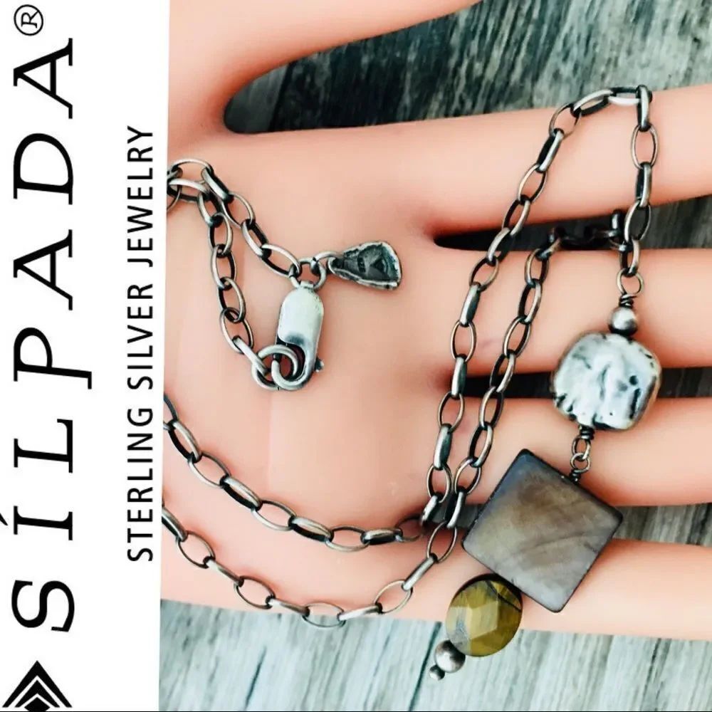 Silpada 925 Sterling Silver Mother of Pearl MOP Tigers Eye Necklace Pendant 1203